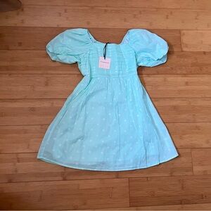 NWT Girls Size 10 Pastel Aqua Puff-Sleeve Polka Dot Kids Dress